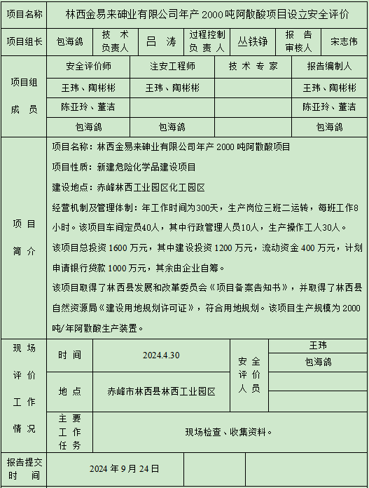 林西金易來砷業(yè)有限公司年產(chǎn)2000噸阿散酸項(xiàng)目設(shè)立安全評(píng)價(jià)